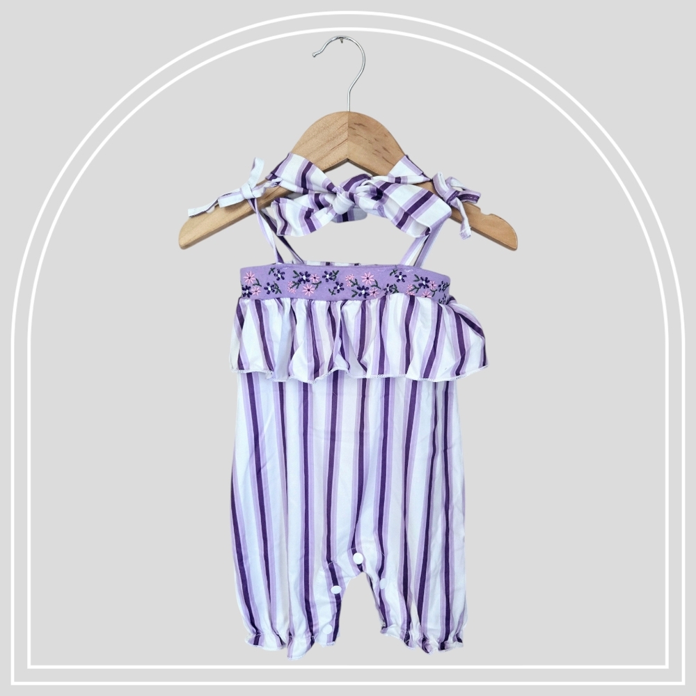 Boho Baby Girl Purple Striped Romper Floral Embroidered Ruffle Jumpsuit Headband